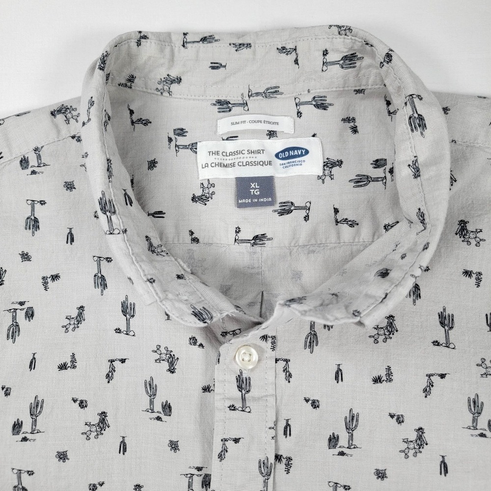 Old Navy Shirt Mens XL Gray Slim Fit Short Sleeve Button Down Cactus Print - Picture 5 of 12